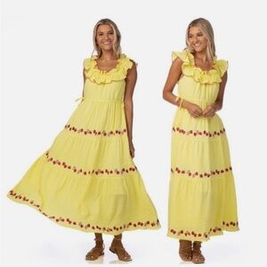 CROSBY by Mollie Burch Yellow Maxi Dress with Strawberry Embroidered Details